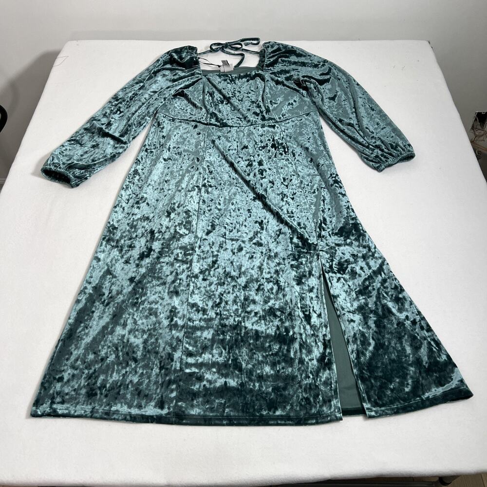 Ava & Viv Dress Womens 1X Green Crushed‎ Velvet Square Neck Balloon Sleeve Midi - Picture 3 of 13